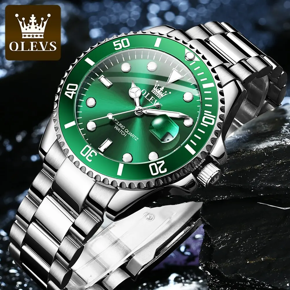 OLEVS-reloj de cuarzo de acero inoxidable para hombre, cronógrafo de pulsera luminoso, resistente al agua, color verde, Original
