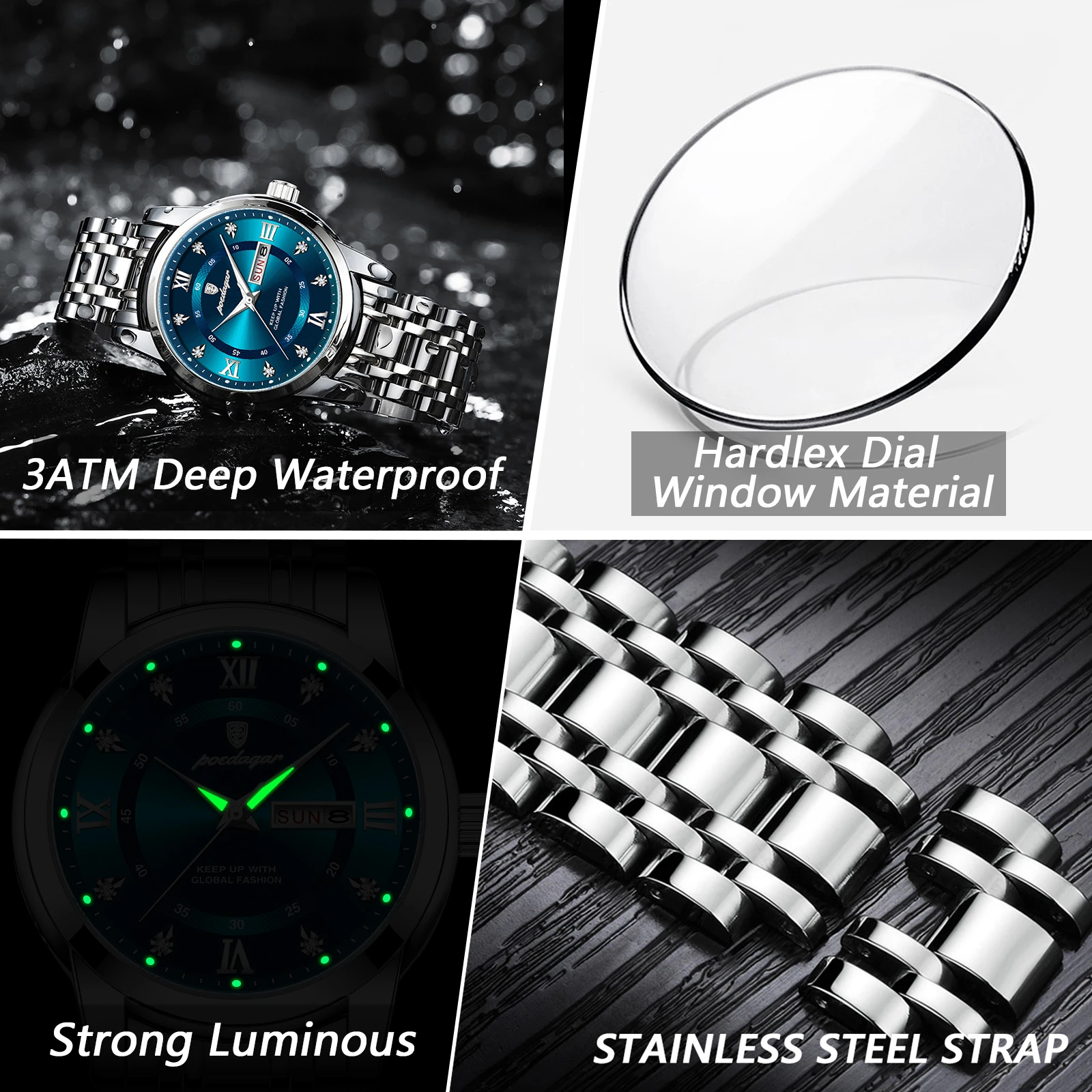 Reloj de pulsera POEDAGAR de lujo a la moda para hombre, Reloj luminoso de acero inoxidable resistente al agua para hombre, relojes de cuarzo a la moda con fecha y semana para hombre