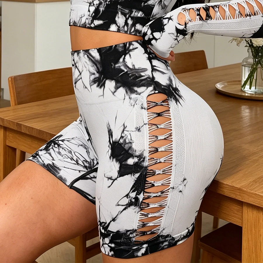 Shorts de yoga sin costuras con efecto tie-dye para mujer, shorts deportivos sexys con corte recortado y realce de glúteos, shorts de gimnasio de cintura alta, shorts de ciclista, ropa deportiva