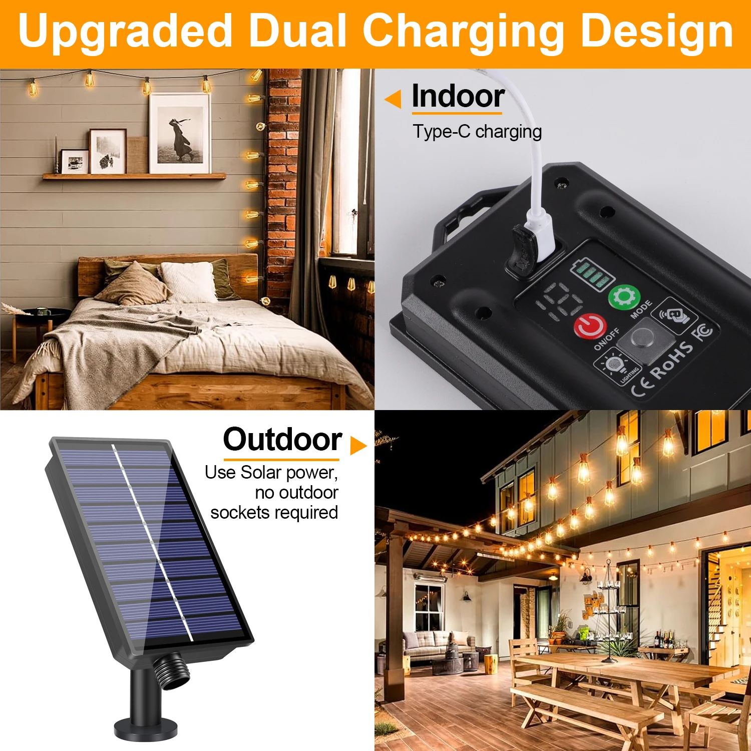 Guirnalda de luces LED con forma de globo Solar, luz de Patio G40, cargador USB, 8 modos de luz, Control remoto, luz colgante Solar resistente a la intemperie para jardín