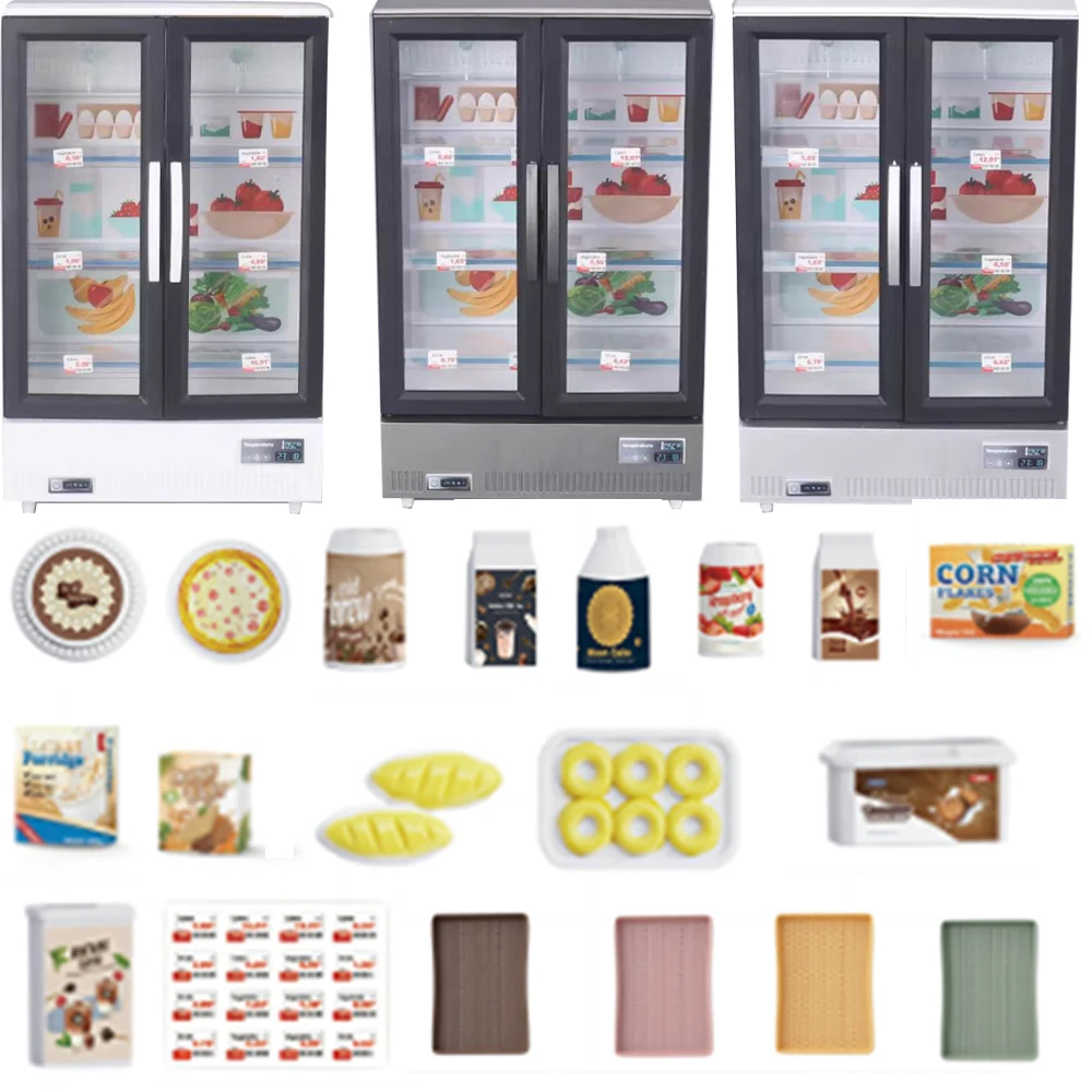 21 Uds. Juguete de cocina, refrigerador grande de doble puerta, muebles en miniatura, luz musical, accesorios de comida, modelo para niña, regalo de cumpleaños