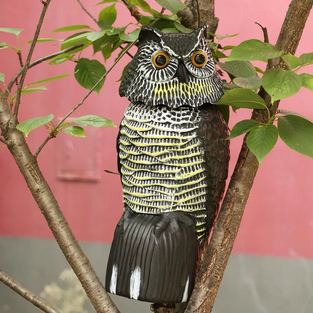 Señuelo de búho falso realista con cabeza giratoria para jardín, escultura de búho disuasorio de aves al aire libre, repelente de aves, Control de plagas