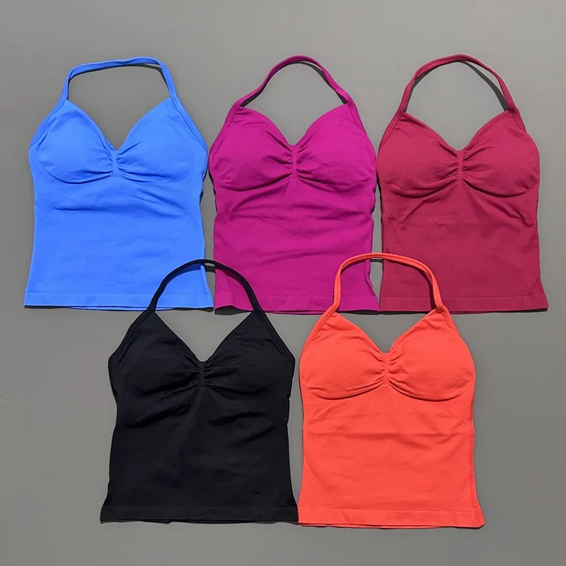 Histello-Top con tiras palangre para mujer, chaleco deportivo ajustado, ropa para Fitness, Top de Yoga, Tops con espalda abierta, entrenamiento de gimnasio, cuello Halter para correr