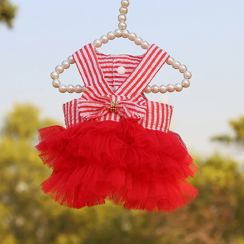 Vestido de verano para perros pequeños y medianos, falda de malla con tirantes a rayas para mascotas