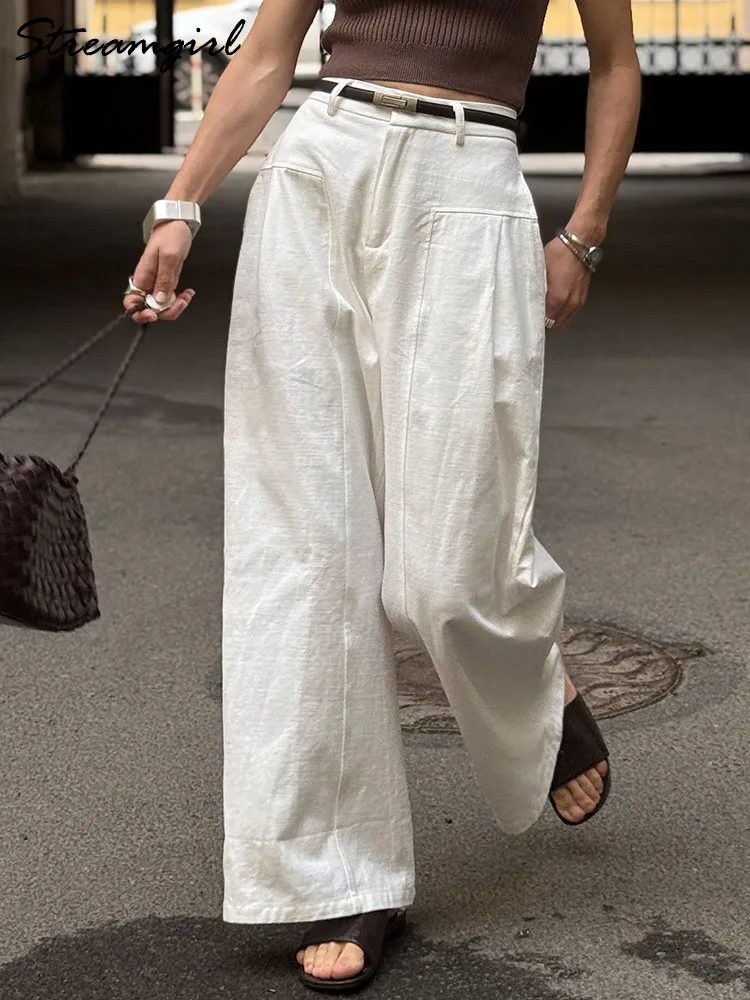 Pantalones blancos de lino y algodón para mujer, pantalones formales de pierna ancha, pantalones de traje de pierna recta de verano, pantalones formales de cintura alta para mujer, sueltos