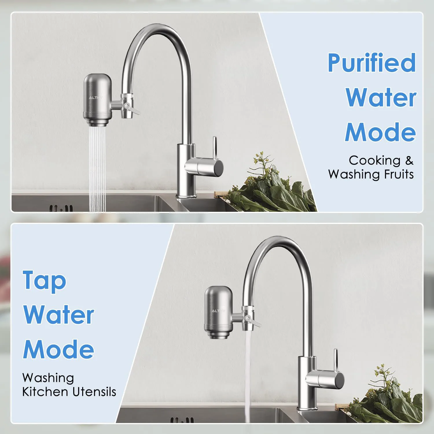 ALTHY Sistema purificador de filtro de agua para grifo de acero inoxidable, certificado NSF reduce plomo, cloro y cocina de buen gusto
