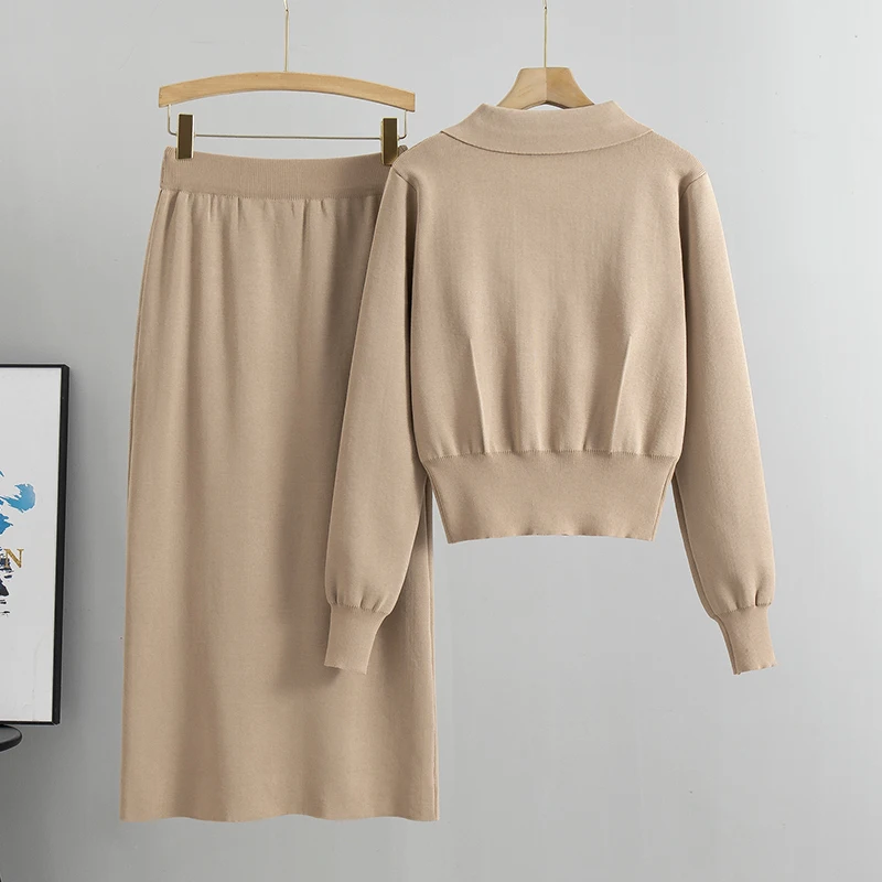 Suéteres elegantes para oficina, Tops + faldas de punto ajustadas de cintura alta, conjuntos de 2 piezas, ropa nueva para mujer, chándal, moda coreana de otoño