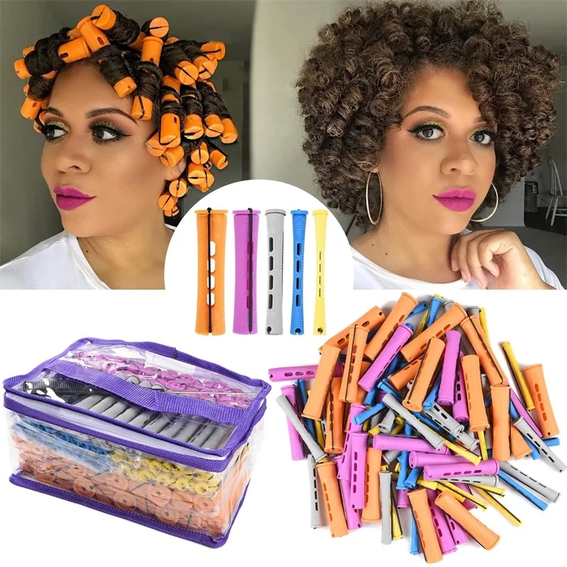 Juego de varillas permanentes de 100 piezas, rodillos de ondas frías de 5 tamaños para peinado y peluquería con rizador natural (naranja, morado, gris, azul, amarillo)