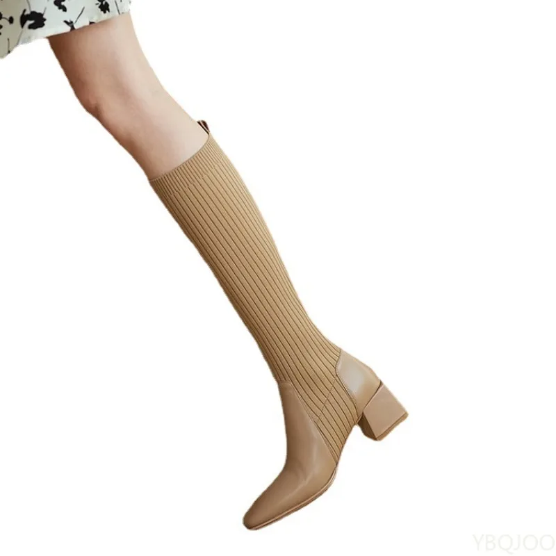 Calcetines botas elásticas retro mujer Otoño Invierno tacón grueso medio tacón tejido simple cómodo temperamento botas largas de mujer