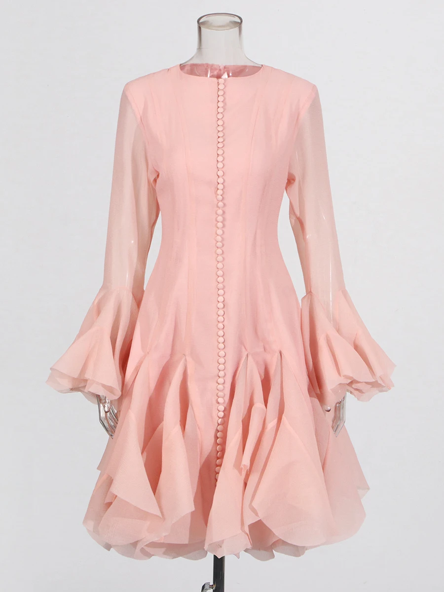TWOTWINSTYLE, vestidos adelgazantes lisos con botones empalmados para mujer, cuello redondo, manga larga, cintura alta, volantes de retazos, moda femenina nueva