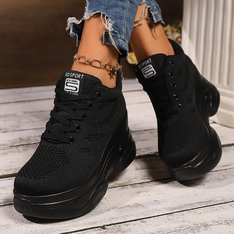 Zapatillas de deporte con cuña de malla transpirable para mujer, zapatos deportivos cómodos con cordones y plataforma gruesa, zapatos antideslizantes de punto para caminar