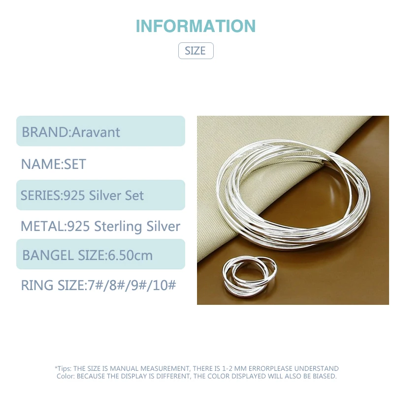 Aravant 925 Plata 10 círculo Triple anillo brazalete conjunto para hombres mujeres joyería de moda