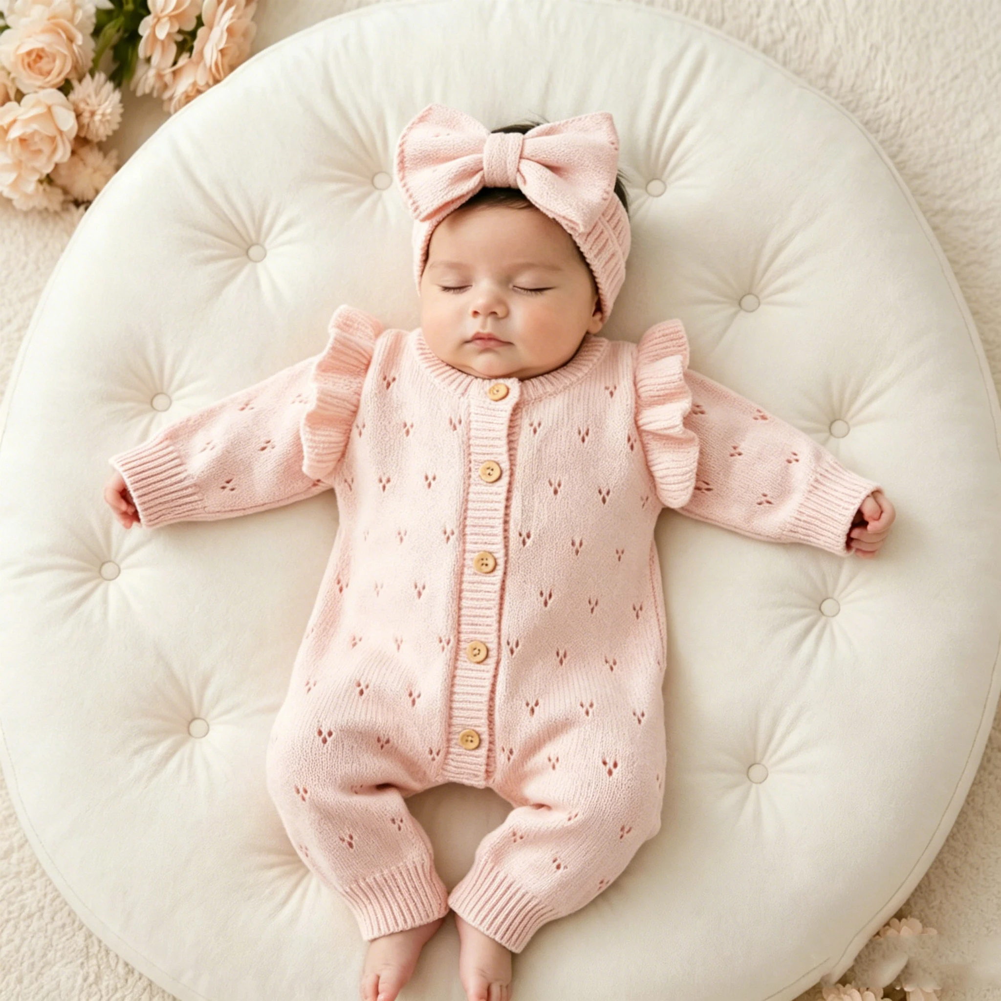 Ylsteee Conjunto de pelele de punto para bebé recién nacida con diadema de lazo, mono de punto con volantes y corazones para fotografía y uso diario de 0 a 3 meses