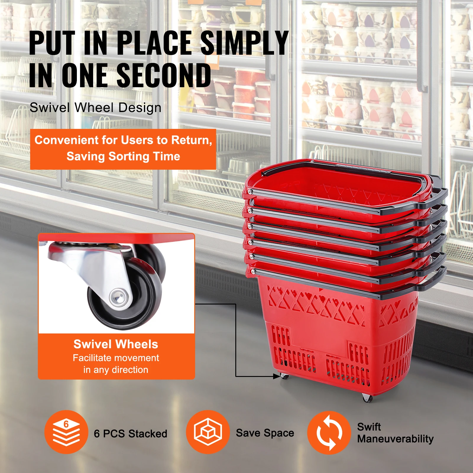 SucceBuy 6 cestas de compras con ruedas de 39L con asas y ruedas portátiles para supermercados, tiendas minoristas, comestibles