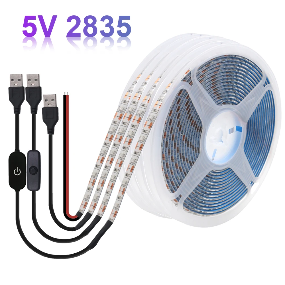 Tira de luces LED de 5V CC, batería USB SMD 2835 60LED con interruptor atenuador, blanco frío cálido, azul, impermeable, lámpara de luces de cinta flexible