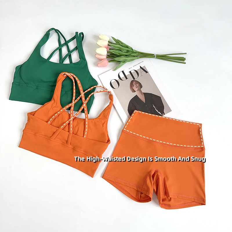 Conjuntos de Yoga de 2 uds., conjunto de gimnasio de sensación desnuda, ropa de entrenamiento para mujer, pantalones cortos de Yoga de cintura alta y Sujetador deportivo de tiras, conjuntos cortos de verano