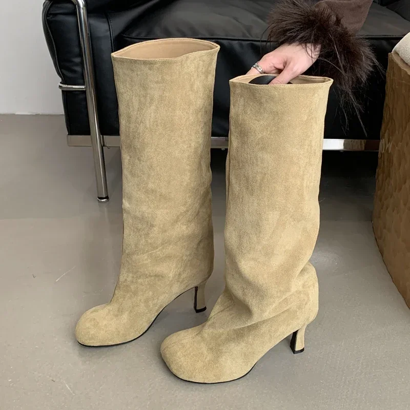 Botas hasta la rodilla con punta redonda estilo callejero para Mujer, Zapatos Punk finos De tacón alto, botines largos para Mujer, Invierno