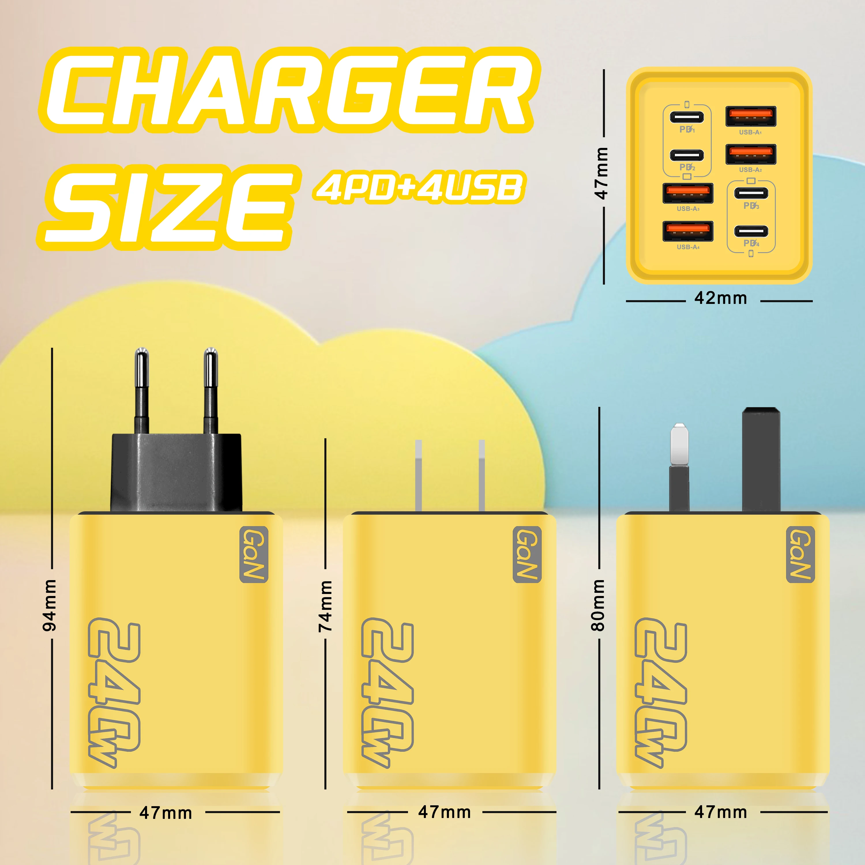 Cargador de escritorio USB C GaN 8 en 1, adaptador de carga rápida de 240W, Cable tipo C para iPhone, Samsung, Xiaomi, cargador con enchufe EU/US/UK