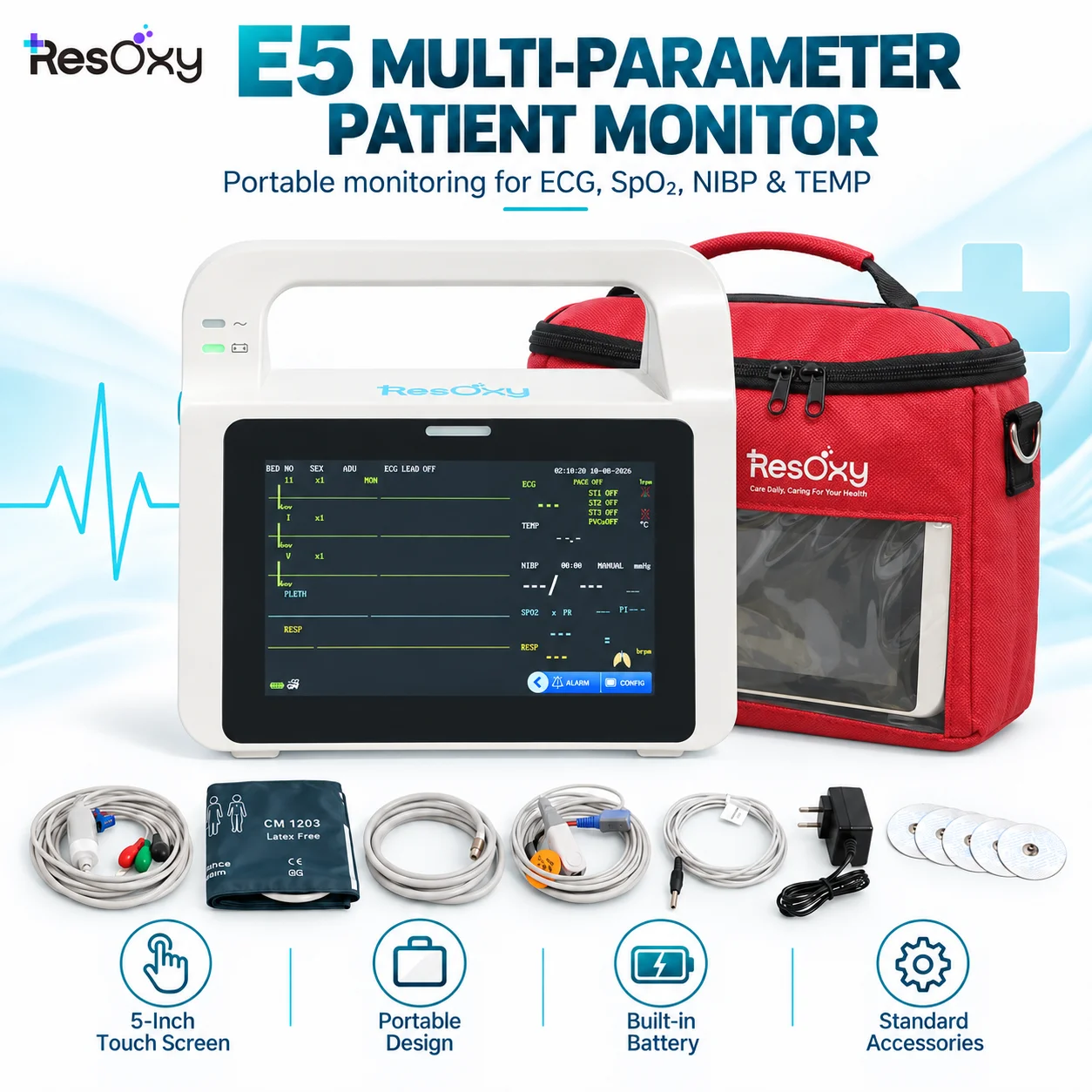Monitor de signos vitales multiparamétrico para pacientes Resoxy E5, con ECG, SpO2, NIBP, RESP y temperatura, pantalla táctil de 5 pulgadas, dispositivo portátil.
