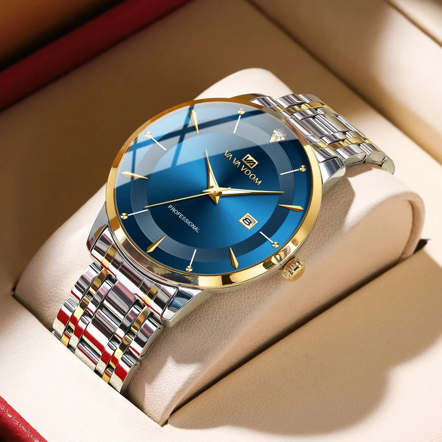 Reloj para hombre con caja de 43mm, estilo de acero inoxidable, diamantes de imitación de lujo, resistente al agua hasta 3bar, movimiento de cuarzo, relojes de negocios, relojes masculinos
