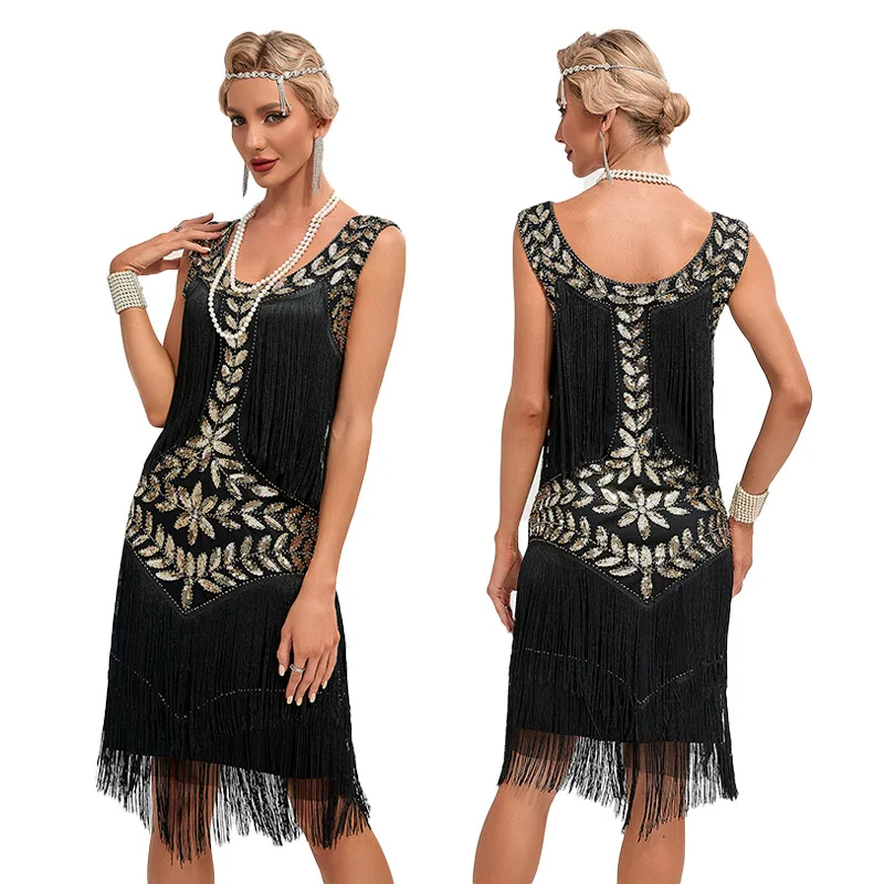 Vestido de baile de Gatsby Retro para mujer, vestido de cuello redondo, lentejuelas, cuentas, borla, chaleco, Falda de baile, Europa americana, 1920