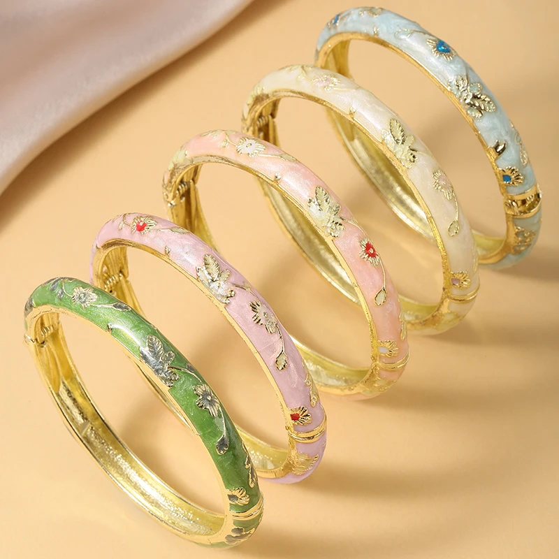 FTCY, 5 uds., brazaletes de esmalte cloisonné con flores pequeñas y finas para mujer, pulsera bohemia Vintage con gotas de aceite, regalos de joyería elegantes