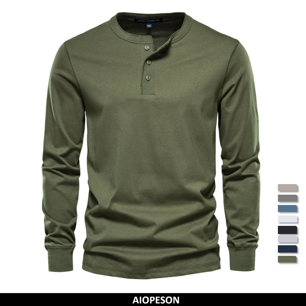 AIOPESON-camisetas de manga larga con botones para hombre, camisa informal con cuello Henley de alta calidad, 100% algodón, cuello redondo, otoño