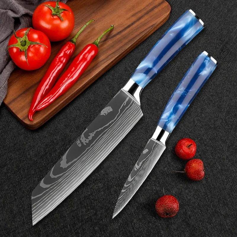 Cuchillo de Chef profesional con diseño de Damasco, cuchillo de carnicero de acero inoxidable 7CR17, cuchillos de cocina, cuchillo para cortar frutas para el hogar, 1-10 Uds.