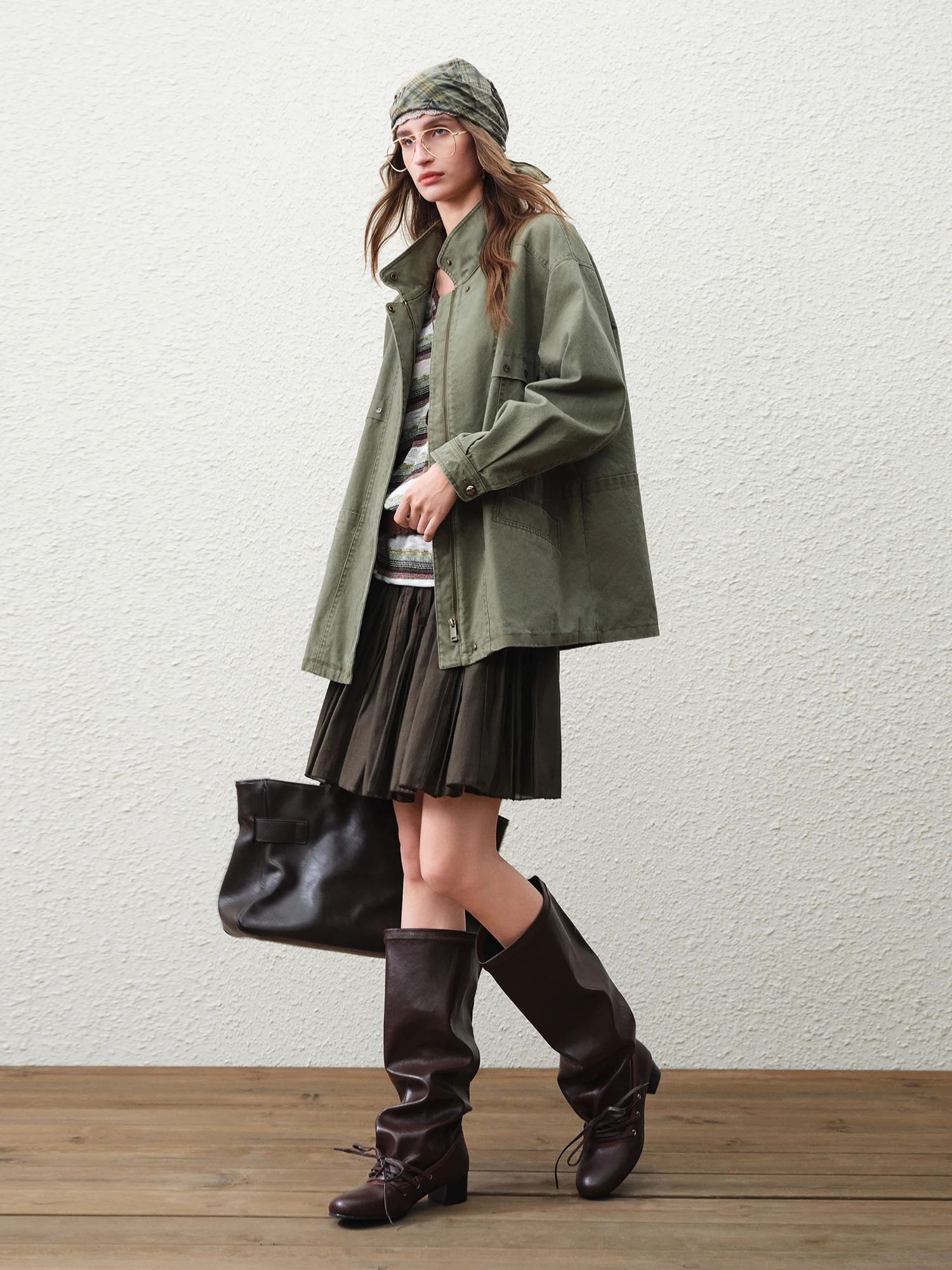 FSLE【Serie Premium】Chaqueta Corta Cargo Retro Vintage para Mujer, Primavera 2026, con Cuello Alto, Estilo Urbano Oversize