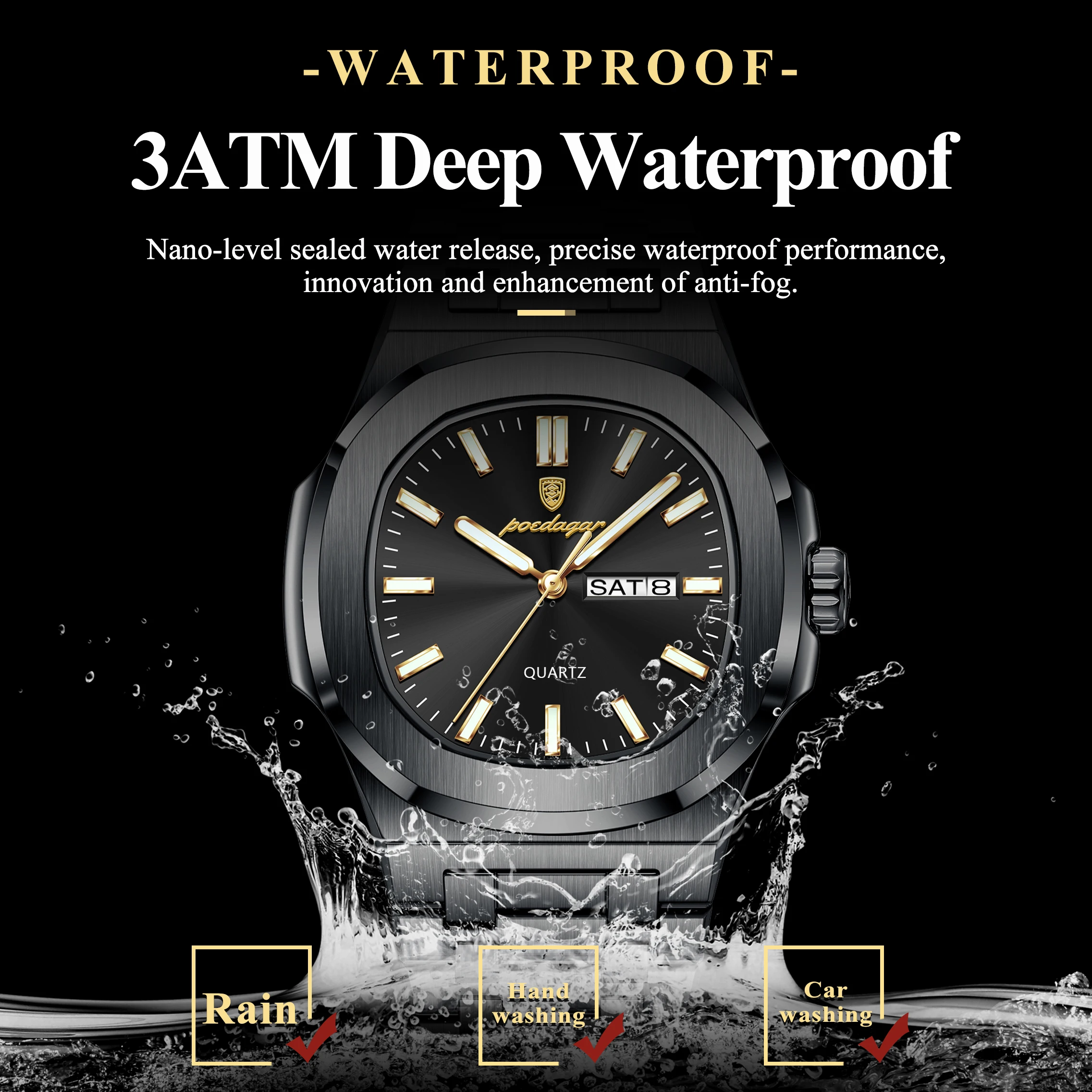 POEDAGAR, relojes cuadrados de lujo para hombre, Reloj luminoso resistente al agua con fecha y semana para hombre, Reloj de pulsera de cuarzo a la moda de acero inoxidable para hombre