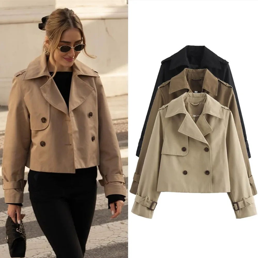 Gabardina recortada Vintage para mujer, chaqueta de primavera y otoño, ropa de calle para mujer, Top de manga larga con doble botonadura, trajes de abrigo elegantes para mujer