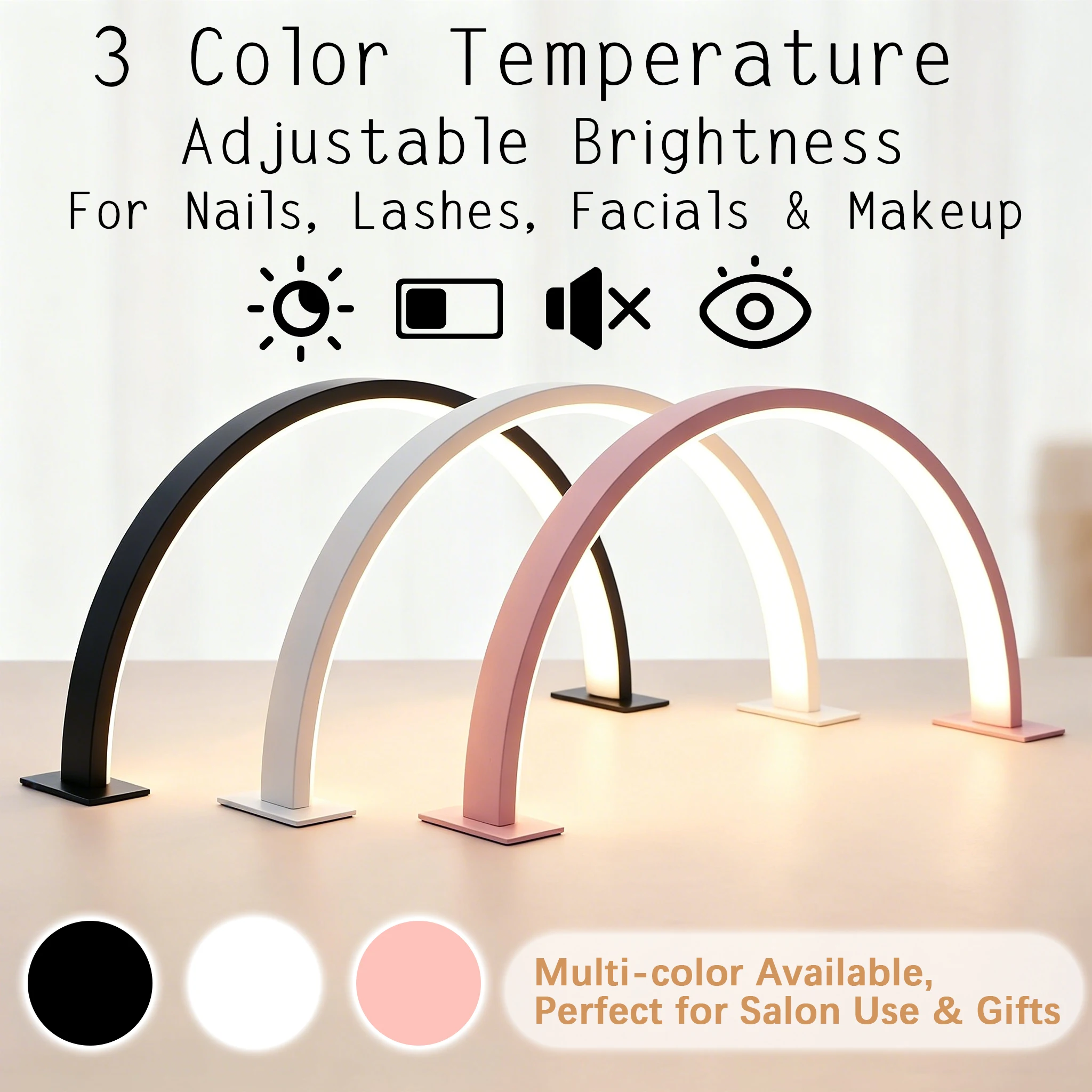 Lámpara de uñas de media luna con 3 temperaturas de color, luz LED de arco regulable, sin deslumbramiento, cuida la vista, para arte de uñas y extensión de pestañas