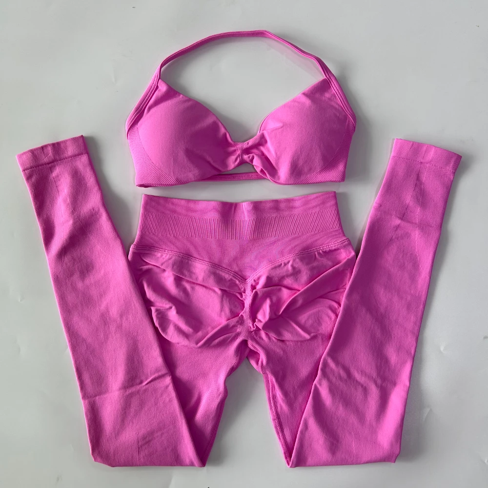 Conjunto de 2 piezas para mujer, sujetador de Yoga con tiras, Top deportivo, mallas de entrenamiento, conjunto de gimnasio sin costuras, ropa deportiva