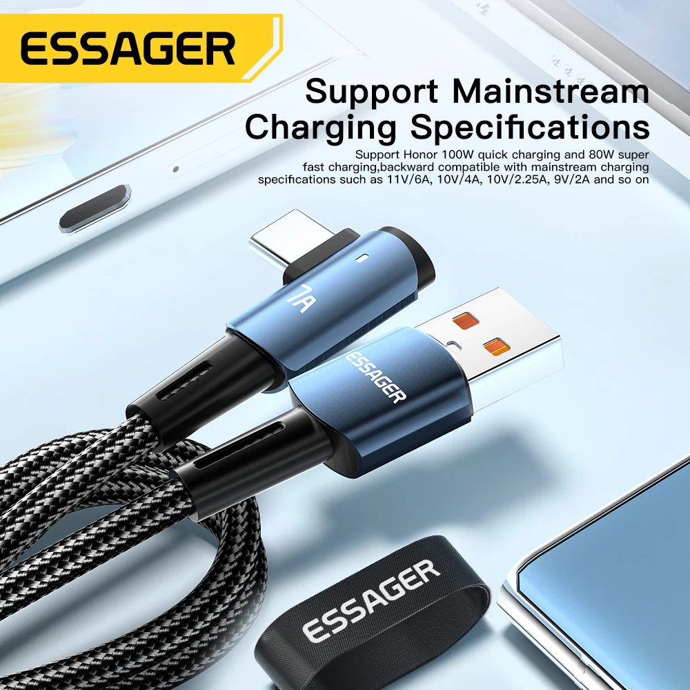 Essager-Cable USB tipo C de carga rápida para móvil, Cable de datos con ángulo para OPPO 100W, para Honor, Huawei P40, Oneplus, Realme, cargador de USB-C
