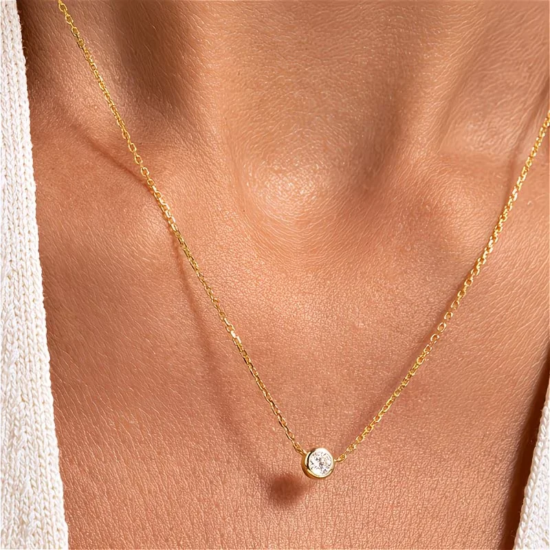 Collares con Colgante de Circonita Cúbica Redonda Brillante Minimalista Chapado en Oro de 18K, Collar con Piedra de Circonita Cúbica AAA Transparente para Mujer, Regalos de Joyería