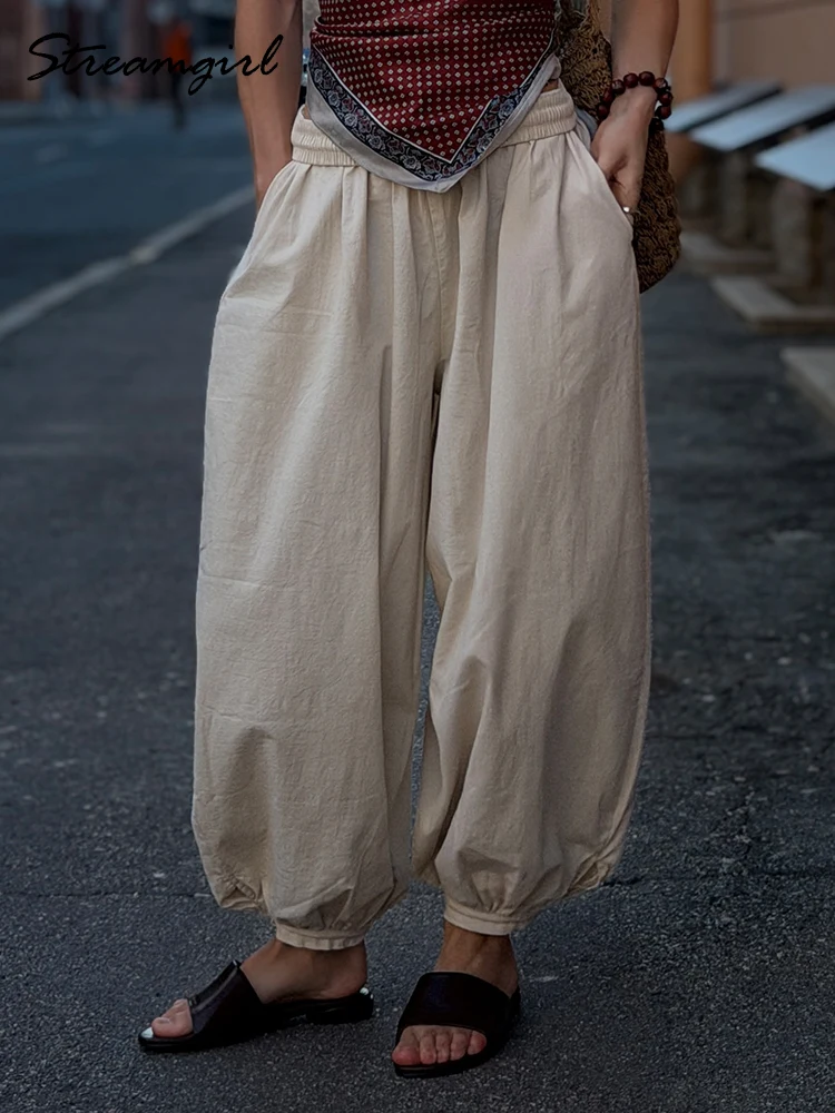 Pantalones Aladdin para Mujer, de Algodón Beige, Verano, Cintura Elástica, Holgados, Clásicos, de Pierna Ancha, Azul Marino, Tipo Linterna, Talla Grande