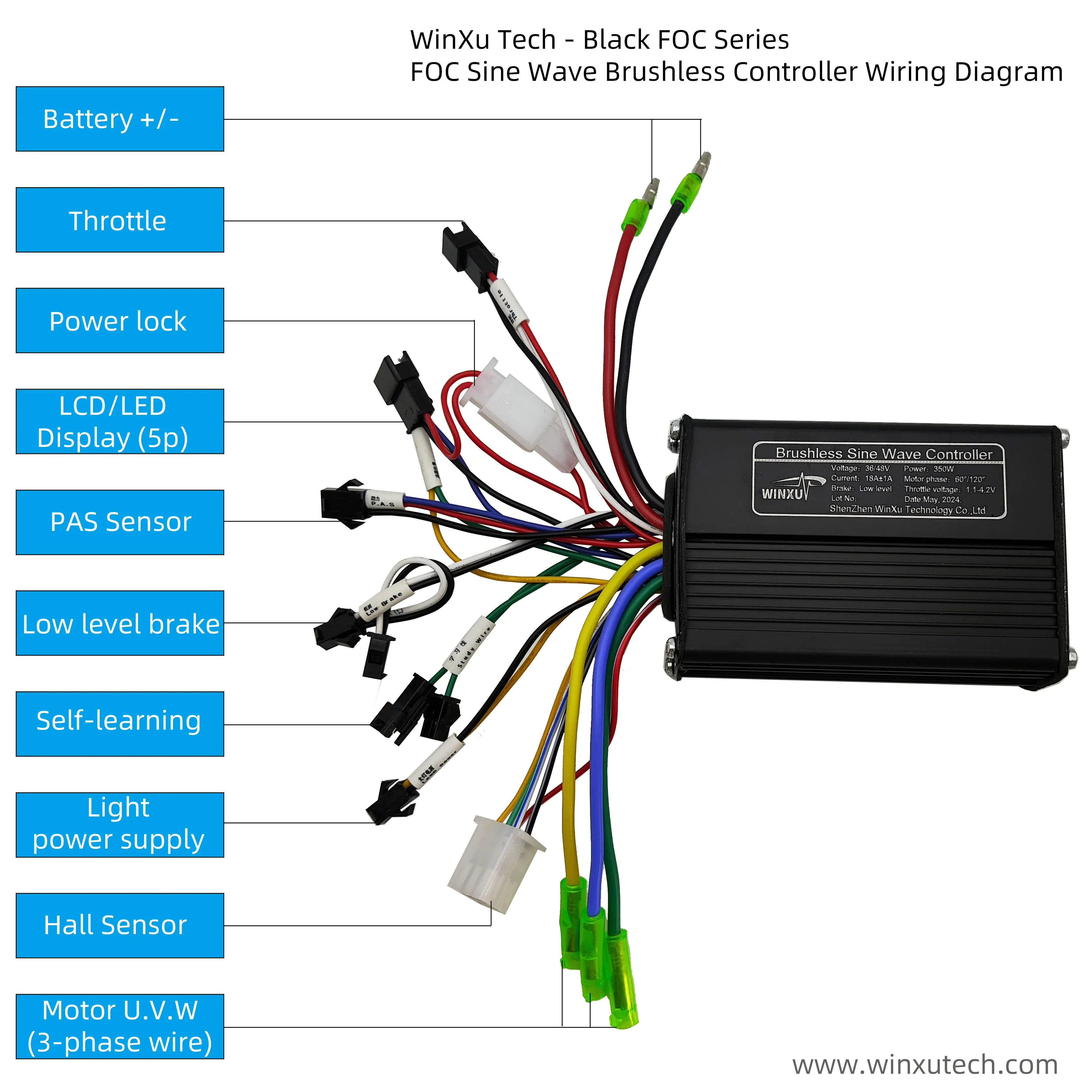 Motor sin escobillas de onda sinusoidal FOC, controlador Universal de TF-100, pantalla LCD a Color, 36V, 48V, 350W, 18A, para patinete eléctrico y bicicleta