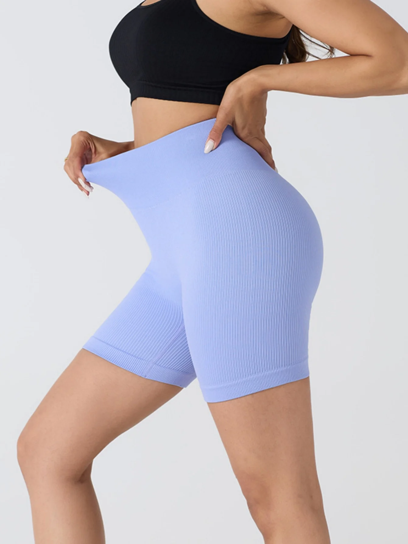 Pantalón de yoga de cintura alta para mujer, diseñado para levantar y dar forma, ajustado con color sólido y textura acanalada, pantalones cortos deportivos