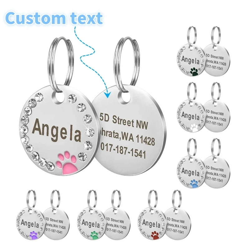 Collar con colgante de nombre de mascota grabado de acero inoxidable, etiquetas de identificación, Collar con colgante de diamante grabado antipérdida personalizado para identificación de perro y gato