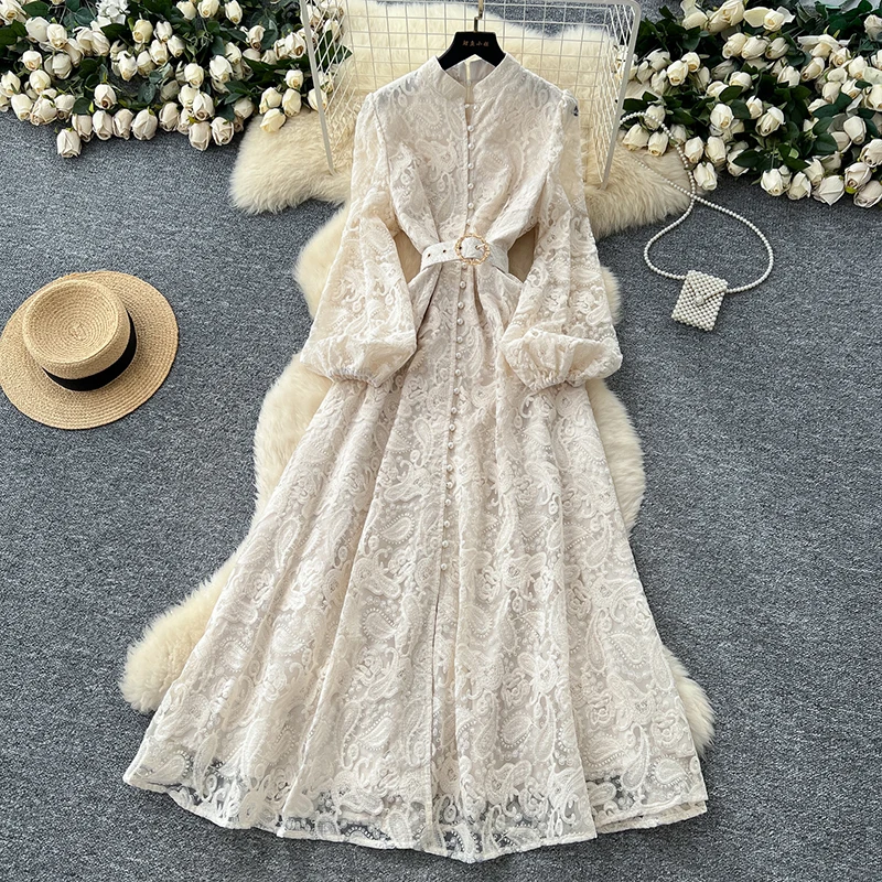 Vestido Largo de Encaje Elegante de Alta Gama para Mujer, Estilo Francés con Flores y Cierre de un Solo Botón, Ideal para Fiestas de Cumpleaños, Primavera/Otoño, S89