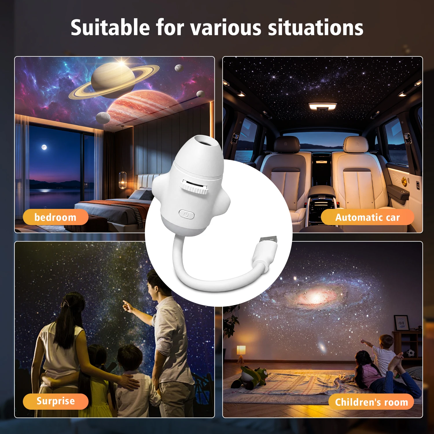Lámpara de Proyección 2 en 1 Rocket Galaxy, Proyector de Estrellas con Enfoque Ajustable, Luz Ambiental, Lámpara de Proyección para Auto, Luz Nocturna Espacial de Luna