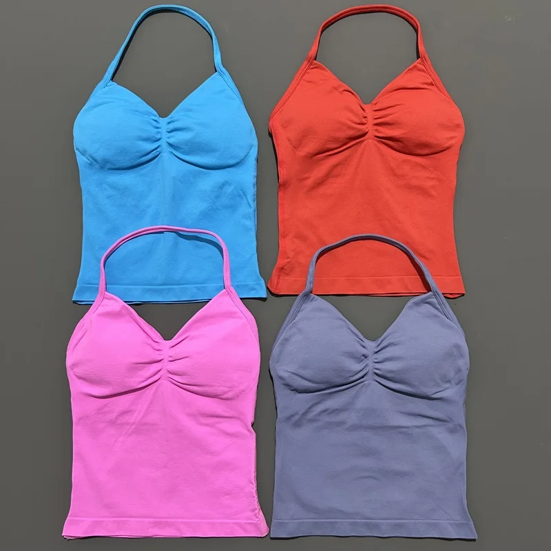 Histello-Top con tiras palangre para mujer, chaleco deportivo ajustado, ropa para Fitness, Top de Yoga, Tops con espalda abierta, entrenamiento de gimnasio, cuello Halter para correr