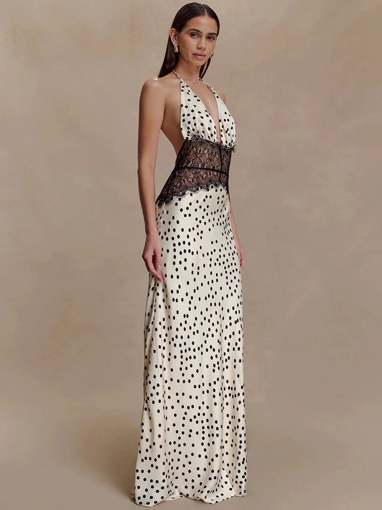 Mozision-Vestido largo Sexy con lunares y espalda descubierta para mujer, vestido elegante de encaje con cuello Halter y escote en V profundo, vestido ajustado sin mangas para discoteca