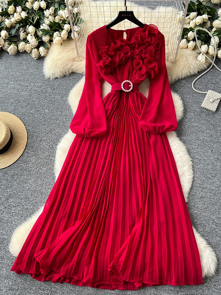 2026 primavera otoño moda elegante vestido para mujeres nuevo francés seta borde prensado suelto gasa manga larga vestido largo C141