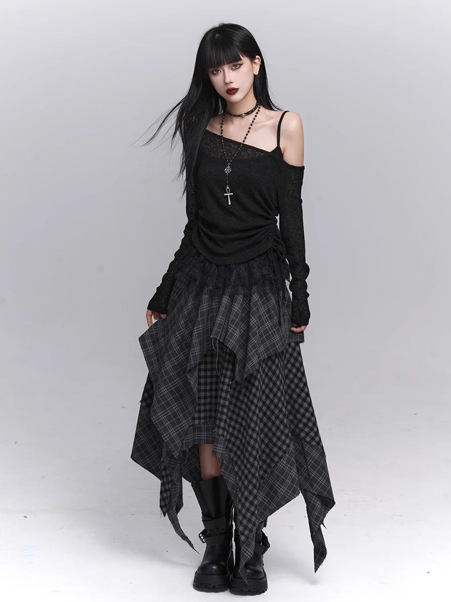 REDDACHiC Acubi falda asimétrica a cuadros a la moda Alt Goth cintura elástica puntada borde crudo falda larga fluida de talla grande pantalones de mujer