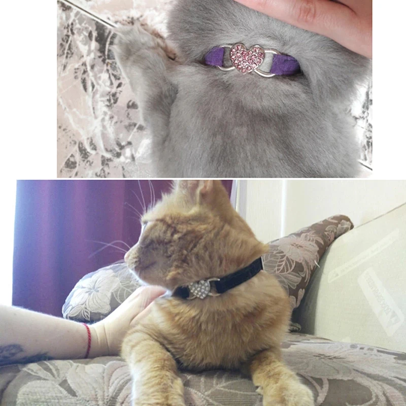Collar de gato con dije de corazón y campana, elástico de seguridad ajustable con Material de terciopelo suave, producto para mascotas en 8 colores, Collar para perros pequeños
