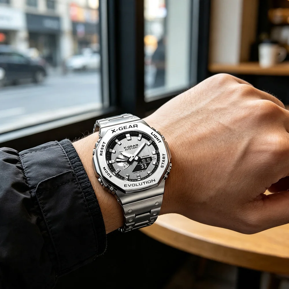X-GEAR Reloj electrónico deportivo digital unisex Pantalla dual Función completa LED Aleación Gran tiempo Correa de acero