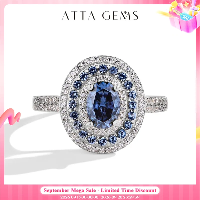 Anillos de moissanita azul ATTAGEMS para mujer, corte ovalado, 1,0 CT, joyería de plata de ley S925 auténtica para boda, anillo de compromiso con certificado