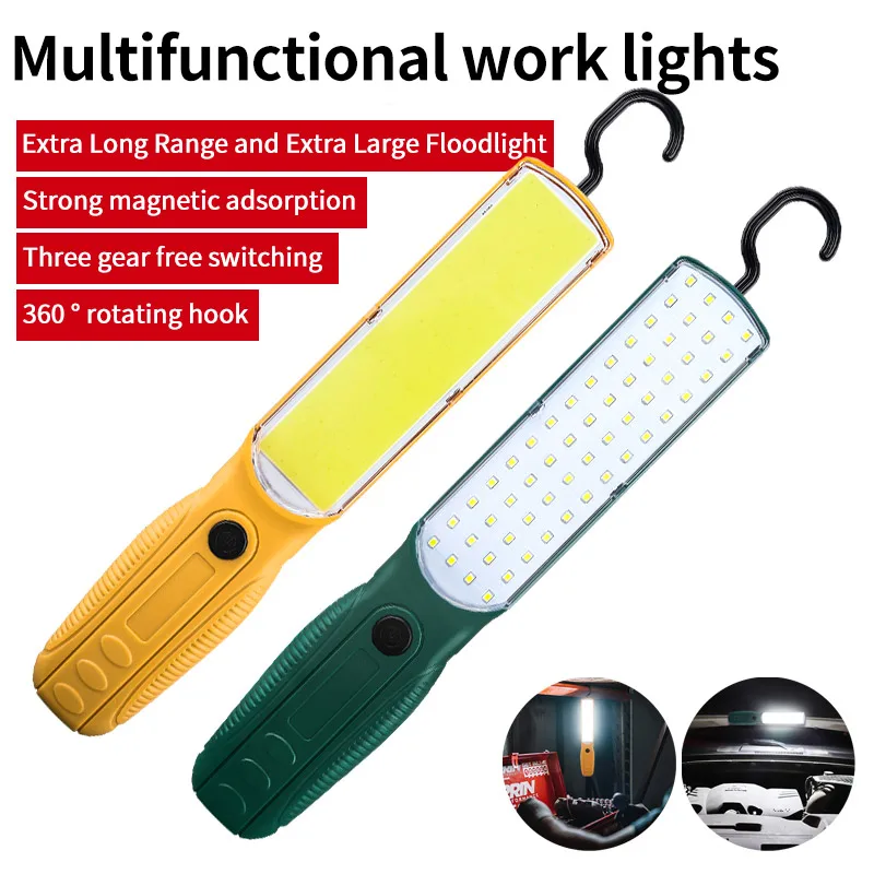Luz de trabajo LED COB fuerte, reflector de mano, recargable por USB, portátil, para reparación de acampada, linterna de emergencia con gancho magnético