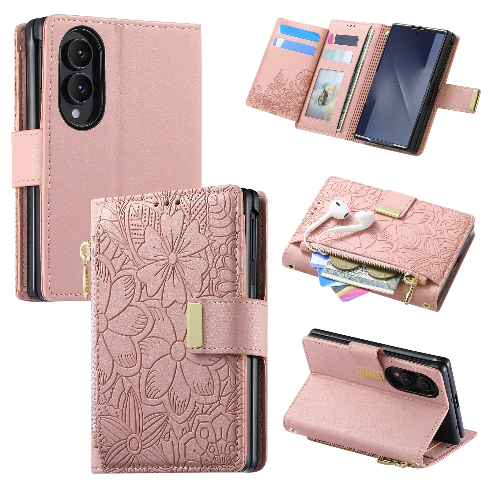 Funda de cuero con cremallera y ranuras para tarjetas, diseño moderno en relieve, para Samsung Z Fold 8, a prueba de golpes, con función de soporte, delgada y ajustada.